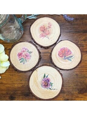 Wooden Beverage Coasters Set of 4 Floral Shabby Farmhouse CottageCore